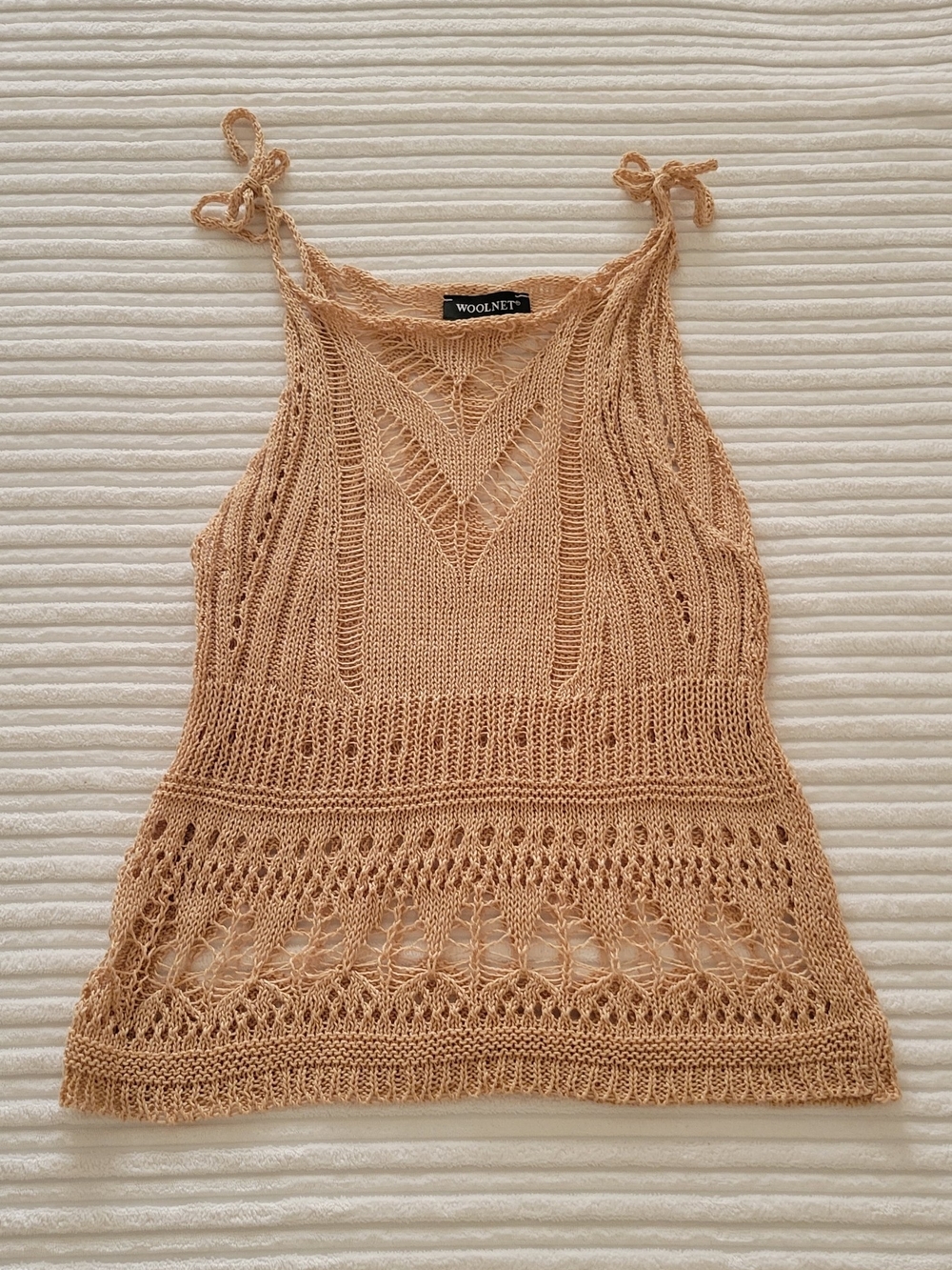 Beige Crochet Knit Tie-Strap Camisole